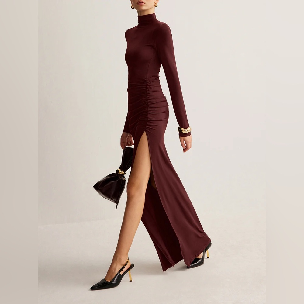 NWT Elegant Burgundy Long Sleeve Dress Pleated Slit Jersey - Medium